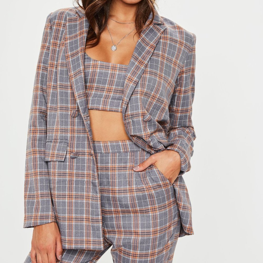 Grey Double Breasted Checkered Blazer